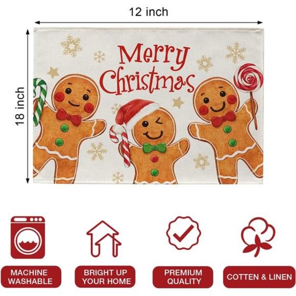 Set of 4  |  Gingerbread Man Placemats 12 x 18 Inches Merry Christmas - Picture 6 of 7